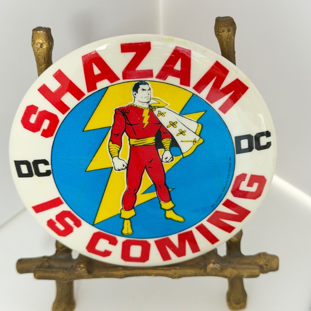 Vintage 1972 Shazam Is Coming DC Comics Pinback Button Captain Marvel 3.5"